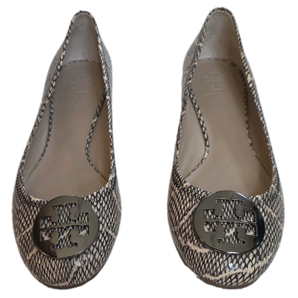 Tory Burch Reva Ballet Flats Size 8M Black Natural Cobra Snake Leather Deadstock